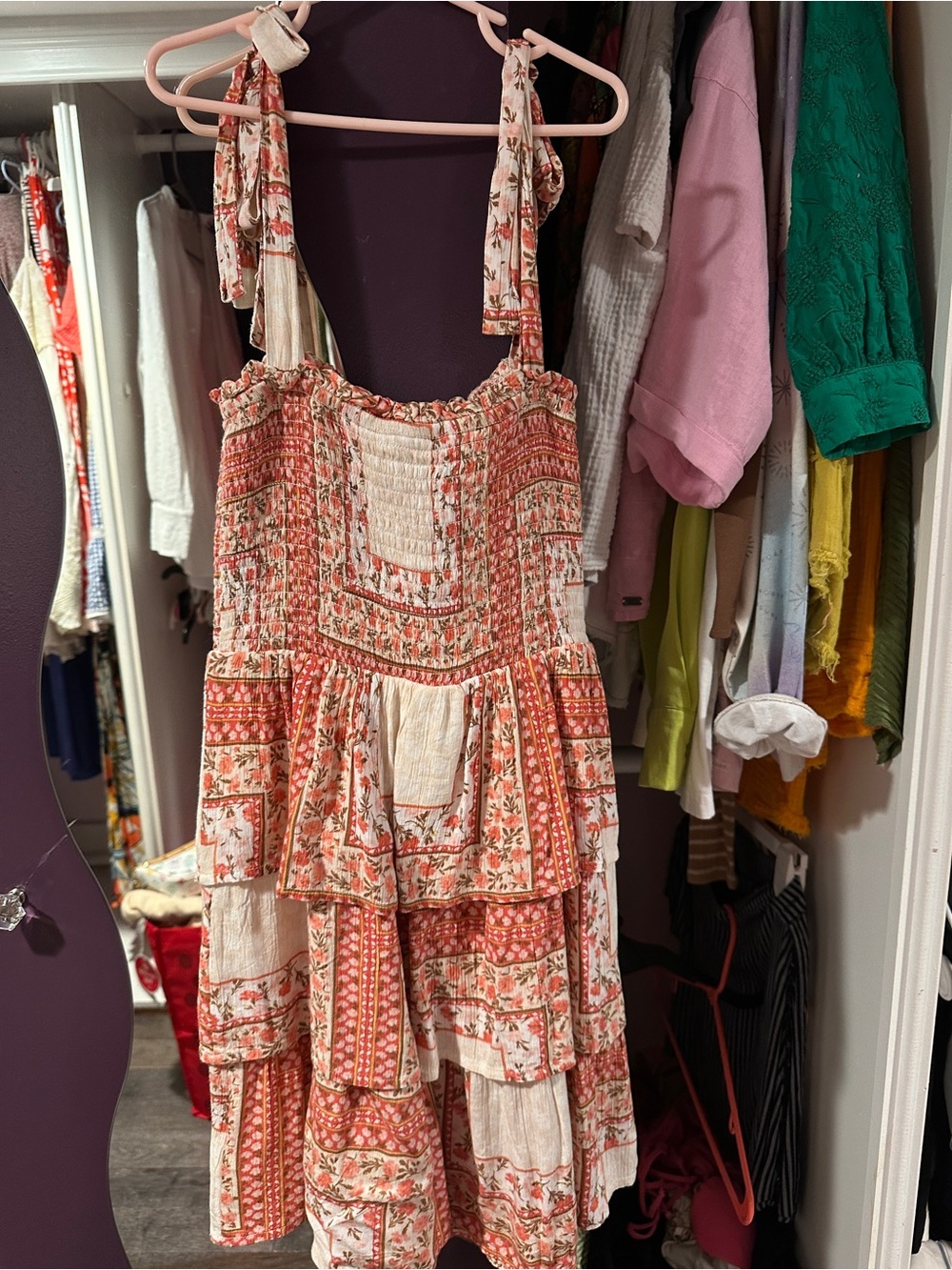 American Eagle Outfitters Floral Tiered Midi Dress in Coral and Cream